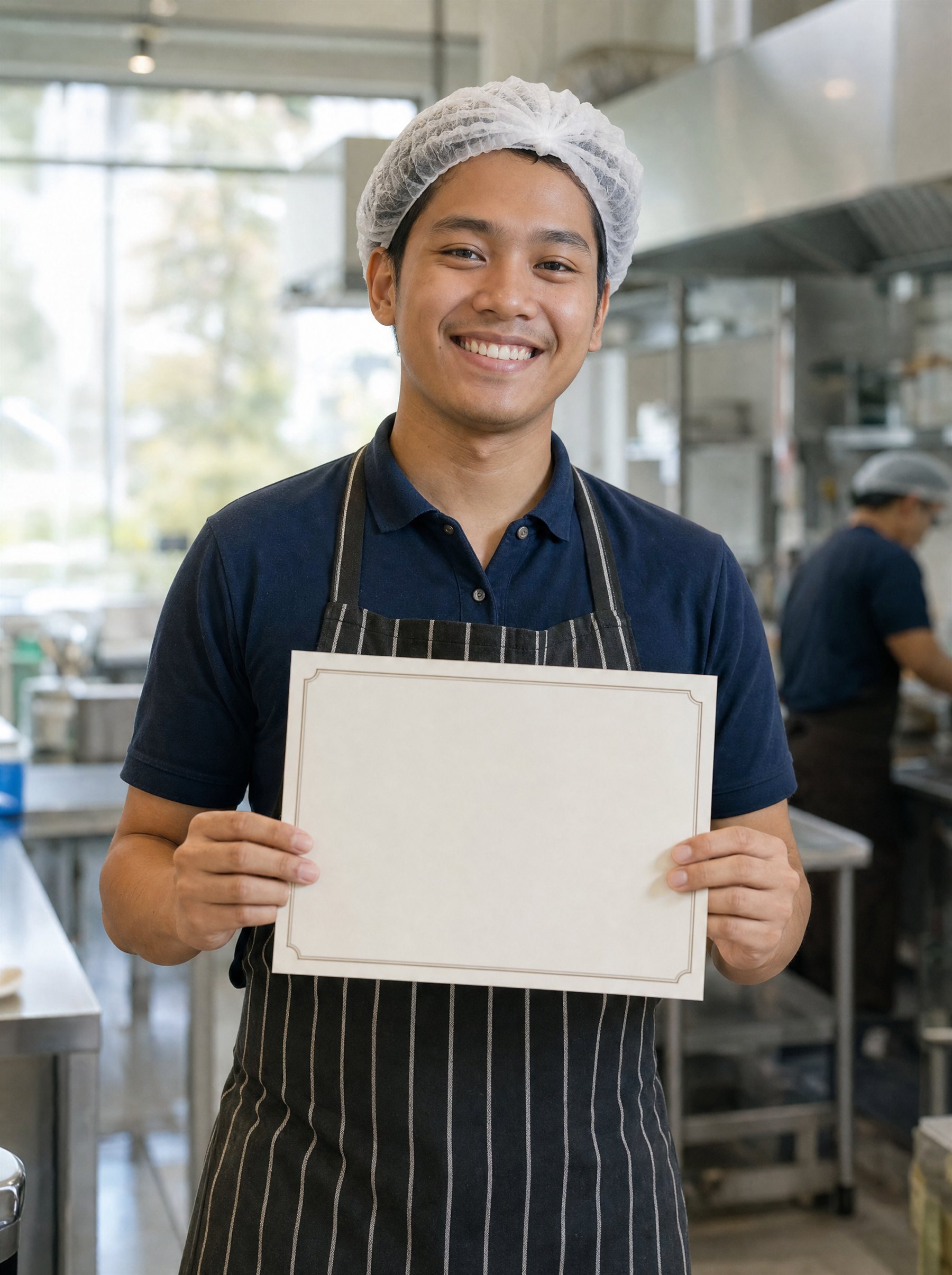 A Malaysian food handler in a commercial kitchen proudly holding up his hardcopy food handler certificate