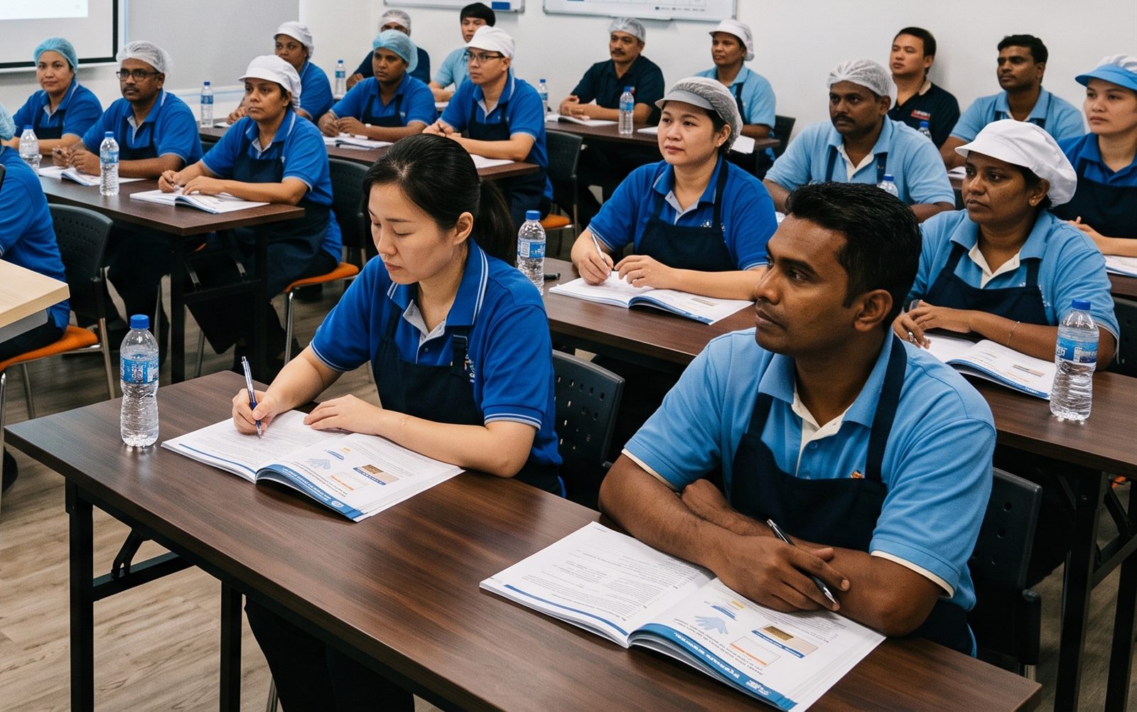Food handlers in blue uniforms and hairnets attending a food safety training class