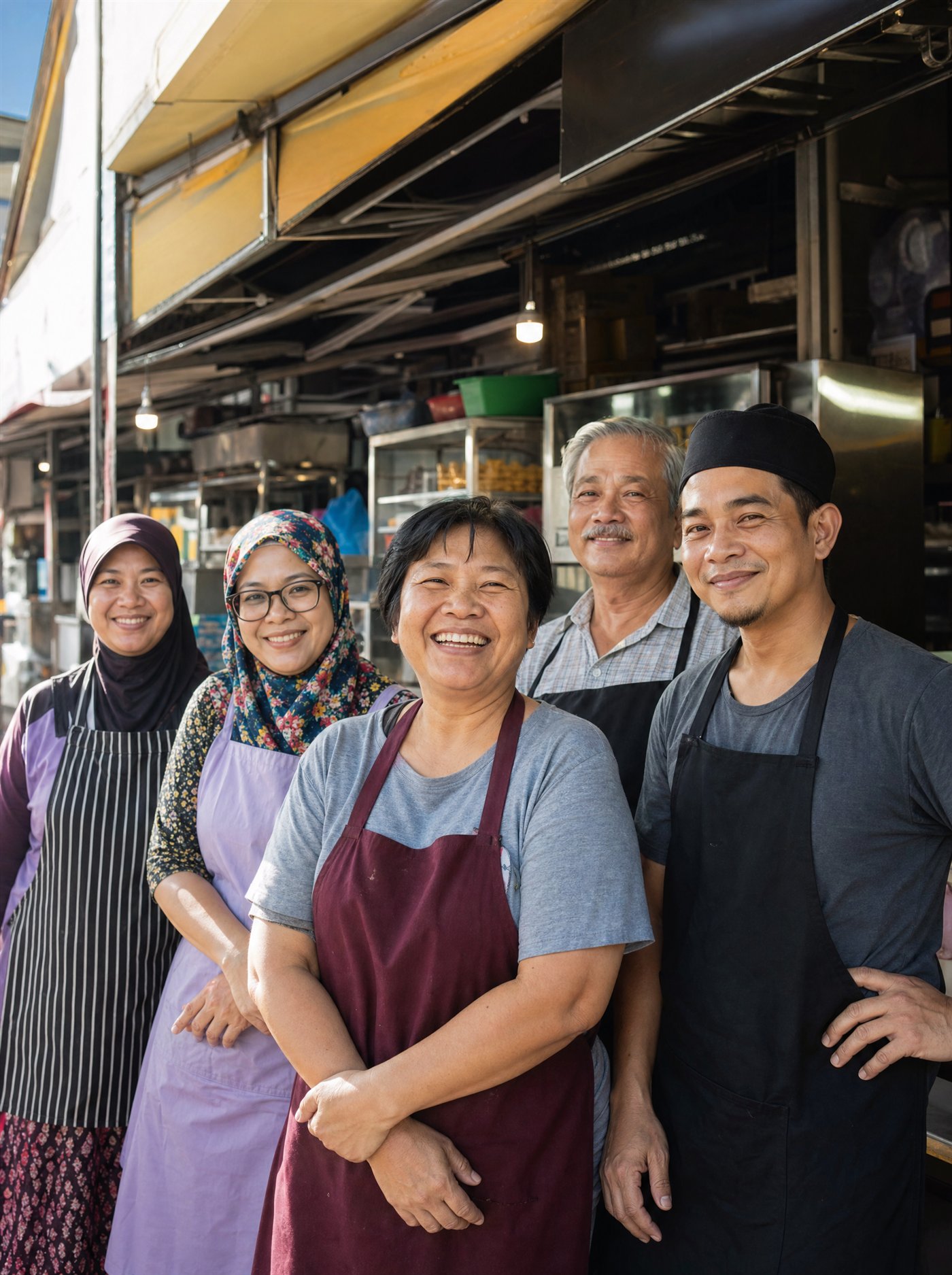 A group of Malaysian hawker stall vendors of different ethnicities and ages standing together in daylight
