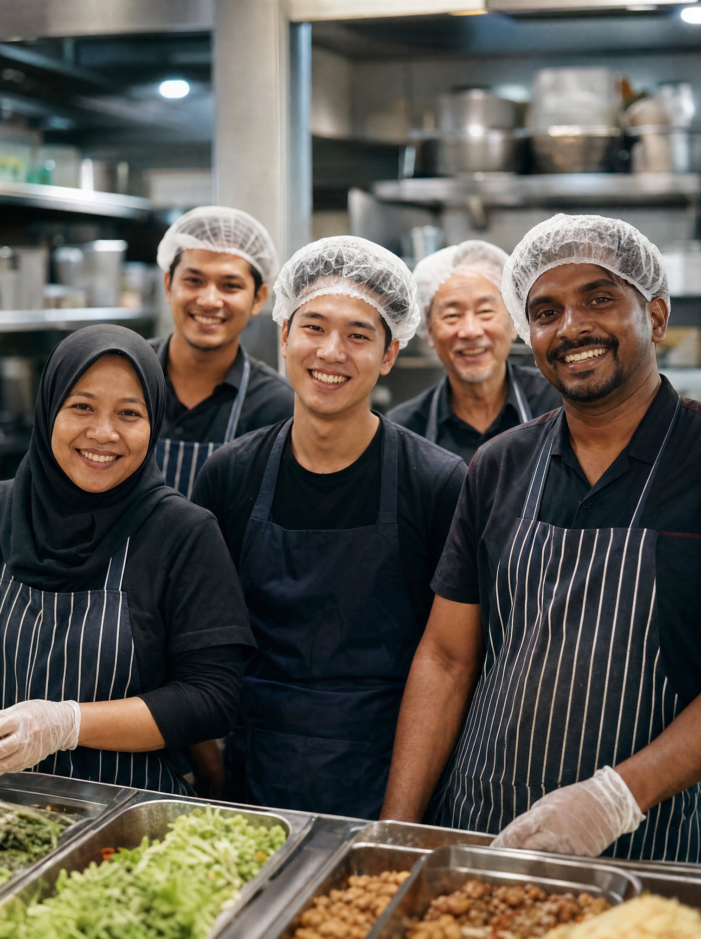 A diverse team of Malaysian food-service workers in a commercial kitchen, wearing aprons and hairnets, smiling