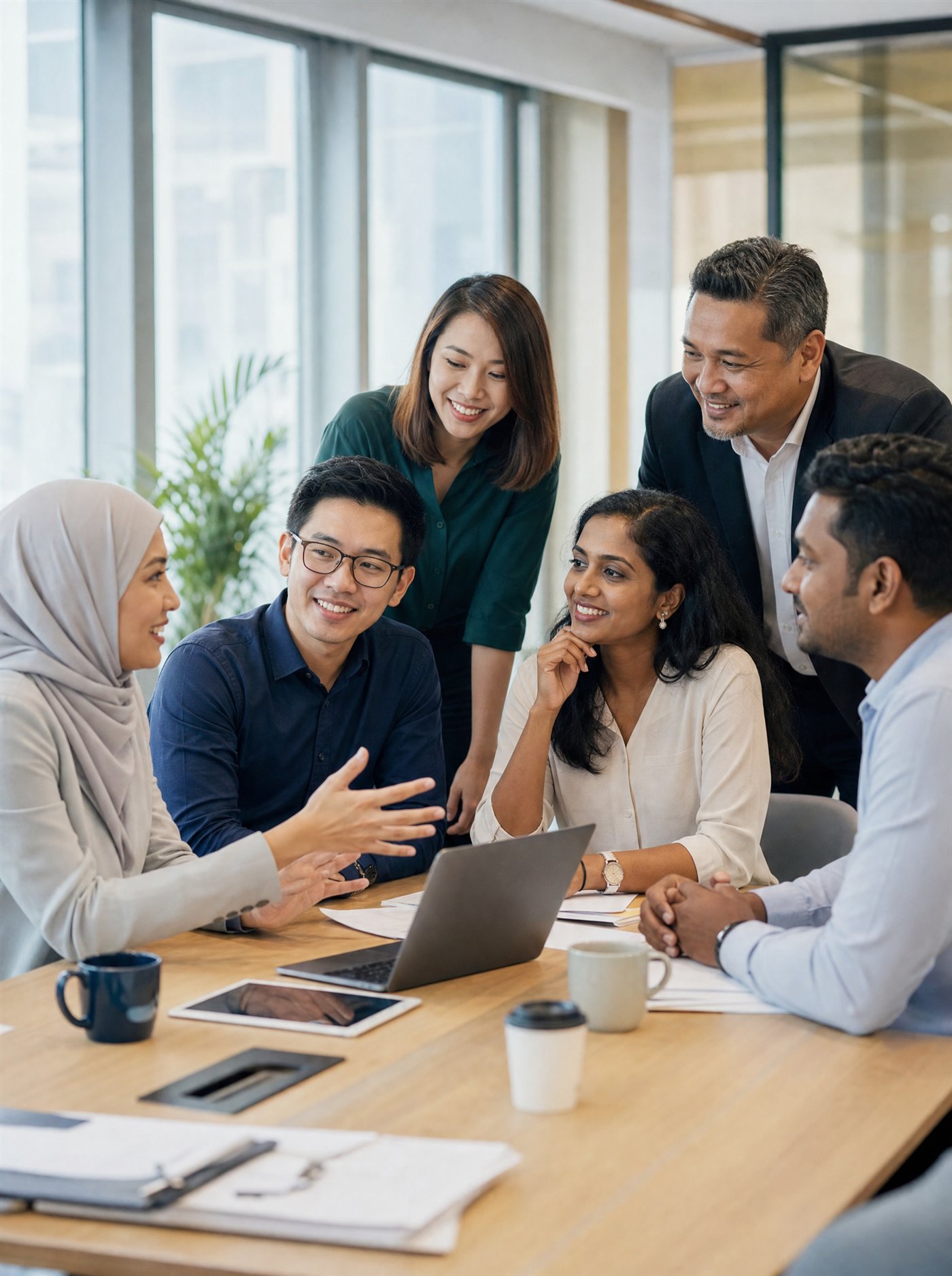 A diverse group of Malaysian office professionals in a bright meeting room, candid discussion