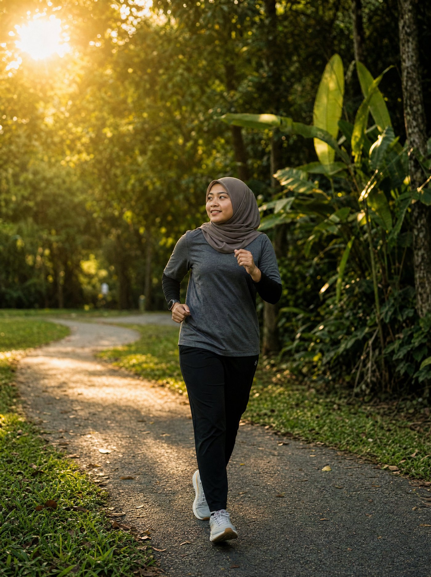 A Malaysian woman in a hijab walking briskly along a green park trail at golden hour