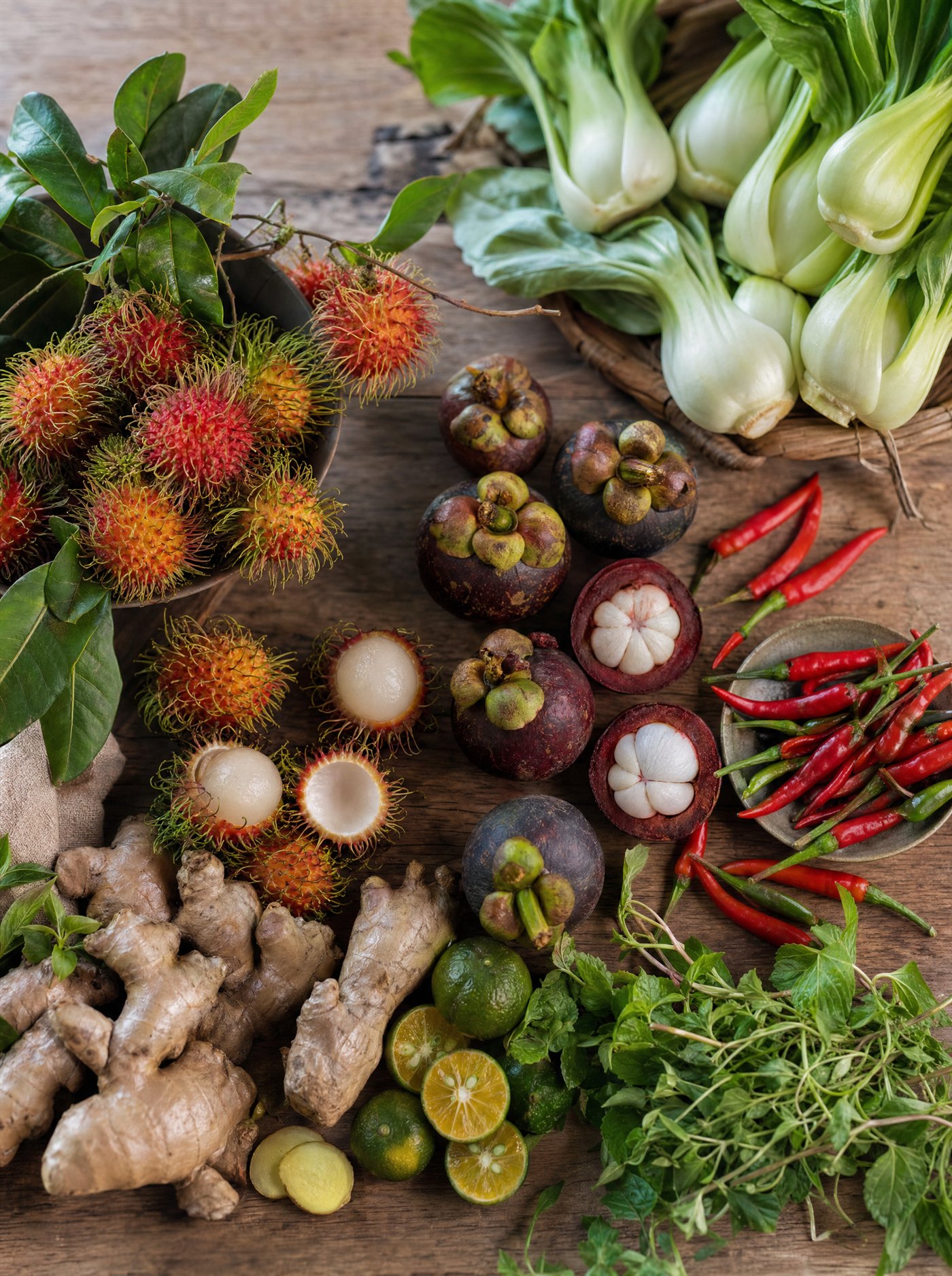 Overhead flatlay of fresh Malaysian tropical produce: rambutan, mangosteen, bok choy, chilies and ginger on a wooden table