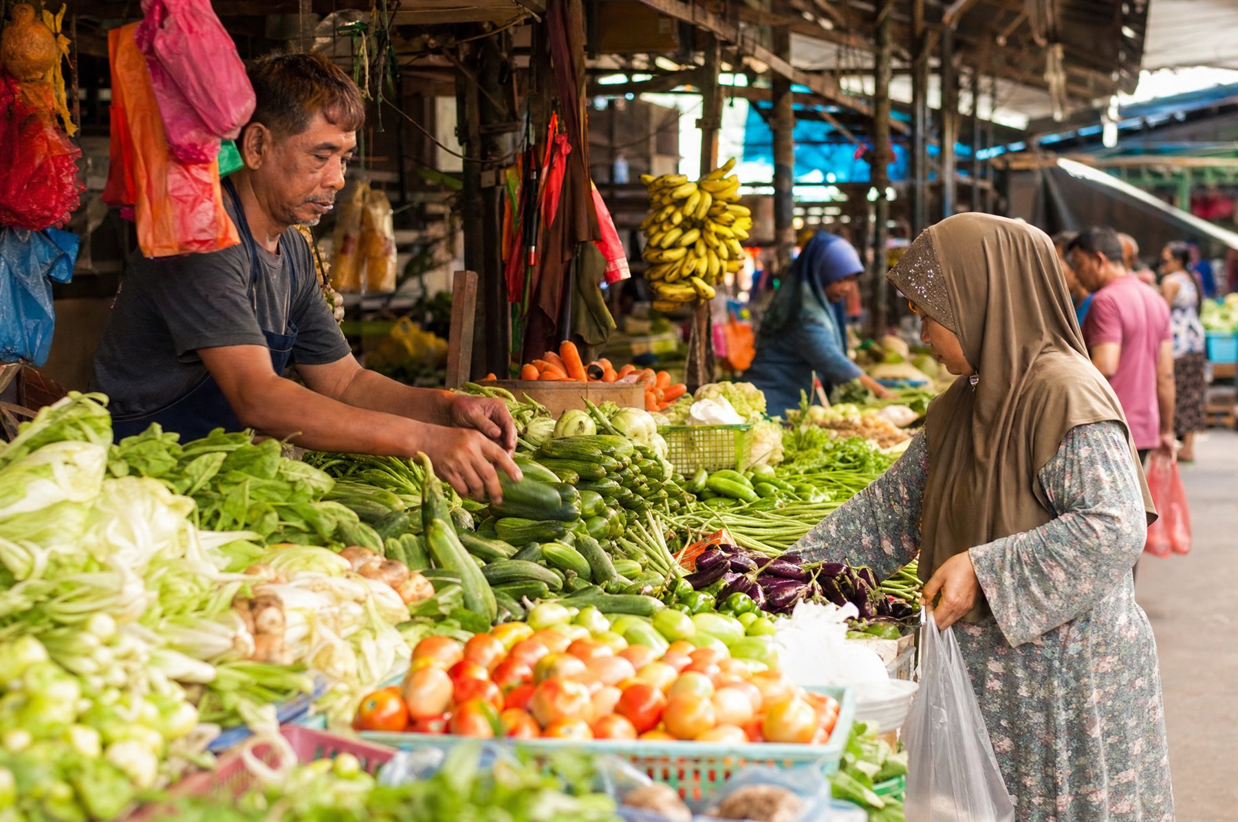 A vibrant Malaysian wet market with colourful fresh produce stalls, a vendor and a shopper